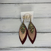 DOROTHY - Leather Earrings  ||  <BR> CHUNKY GOLD JEWELS GLITTER (FAUX LEATHER),  <BR> SHIMMER VINTAGE PINK,  <BR> BURGUNDY BRAIDED