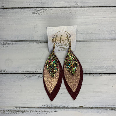 DOROTHY - Leather Earrings  ||  <BR> CHUNKY GOLD JEWELS GLITTER (FAUX LEATHER),  <BR> SHIMMER VINTAGE PINK,  <BR> BURGUNDY BRAIDED