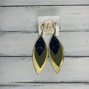 DOROTHY - Leather Earrings  ||  <BR> NAVY GLITTER (FAUX LEATHER),  <BR> OLIVE SAFFIANO,  <BR> METALLIC GOLD PEBBLED