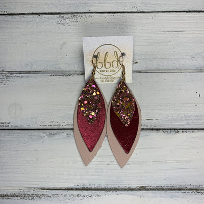 DOROTHY - Leather Earrings  ||  <BR> PINK & GOLD GLITTER (FAUX LEATHER),  <BR> METALLIC BURGUNDY SMOOTH,  <BR> MATTE BLUSH