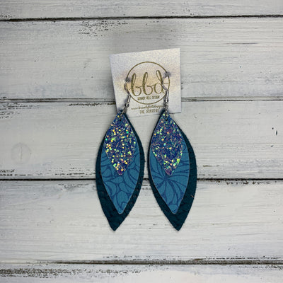 DOROTHY - Leather Earrings  ||  <BR> OCEAN GLITTER (FAUX LEATHER),  <BR> TEAL ART NOUVEAU PRINT (FAUX LEATHER),  <BR> TEAL BRAIDED