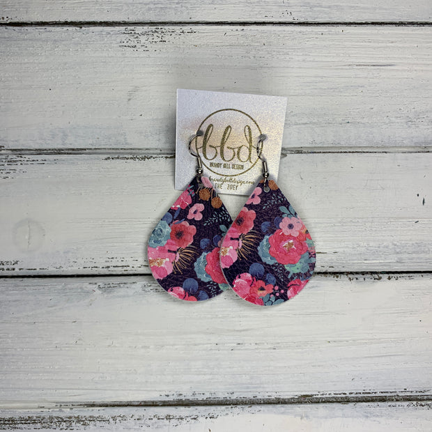 ZOEY (3 sizes available!) -  Leather Earrings  ||   PINK FLORAL ON NAVY (FAUX LEATHER)