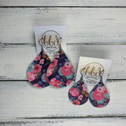 ZOEY (3 sizes available!) -  Leather Earrings  ||   PINK FLORAL ON NAVY (FAUX LEATHER)