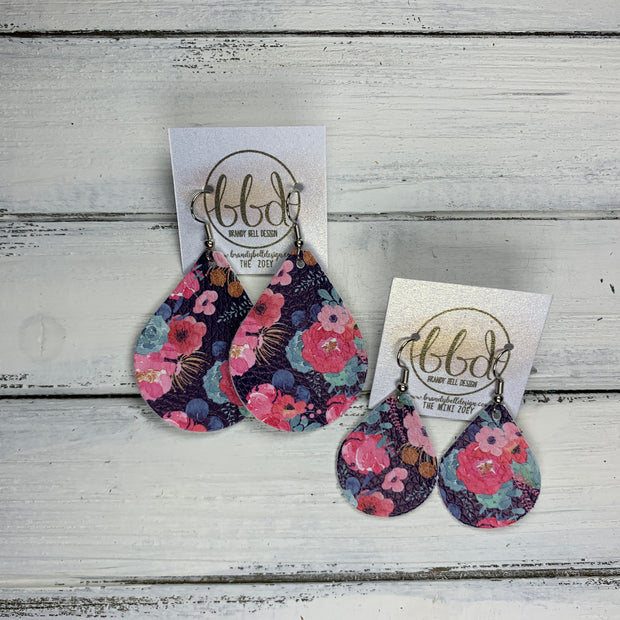 ZOEY (3 sizes available!) -  Leather Earrings  ||   PINK FLORAL ON NAVY (FAUX LEATHER)