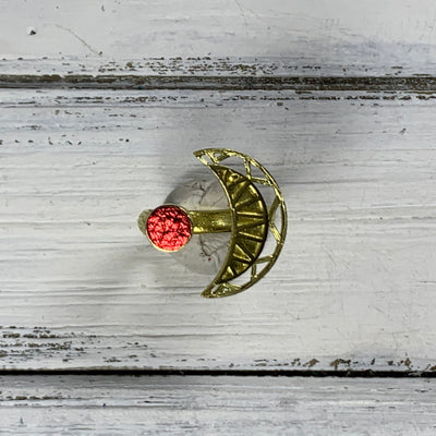 SUEDE + STEEL *Limited Edition* COLLECTION ||  <br> Adjustable Raw Brass Ring || GOLD MOON  WITH METALLIC RED