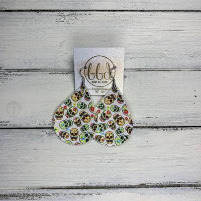 ZOEY (3 sizes available!) -  Leather Earrings  ||   SUGAR SKULLS ON WHITE (FAUX LEATHER)