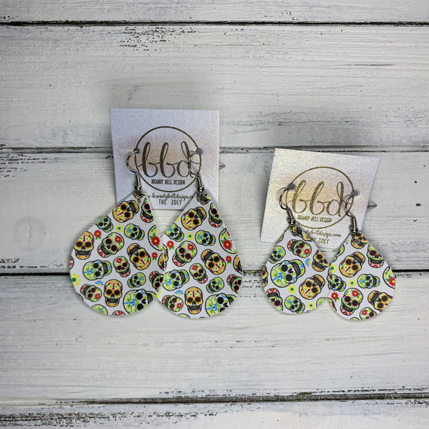 ZOEY (3 sizes available!) -  Leather Earrings  ||   SUGAR SKULLS ON WHITE (FAUX LEATHER)