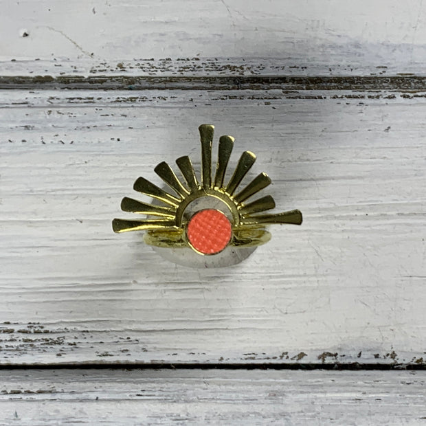 SUEDE + STEEL *Limited Edition* COLLECTION ||  <br> Adjustable Raw Brass Burst Ring ||  GOLD  w/ NEON ORANGE SAFFIANO