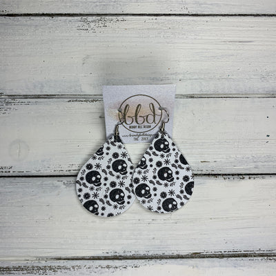 ZOEY (3 sizes available!) -  Leather Earrings  ||   WHITE WITH BLACK SKULLS