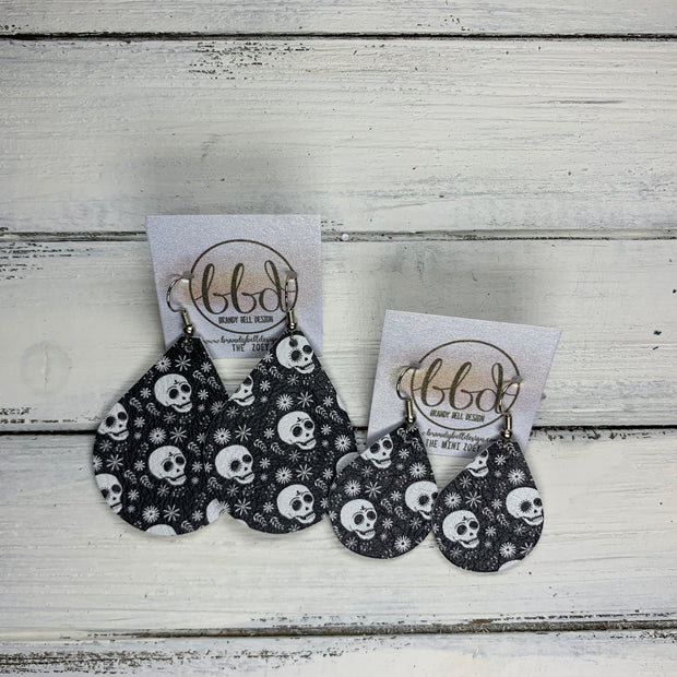 ZOEY (3 sizes available!) -  Leather Earrings  ||   BLACK WITH WHITE SKULLS