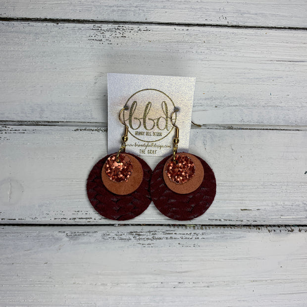 GRAY - Leather Earrings  ||    <BR> RUST GLITTER (FAUX LEATHER), <BR> SPICED PEACH VELVET (FAUX LEATHER),  <BR> BURGUNGY BRAIDED