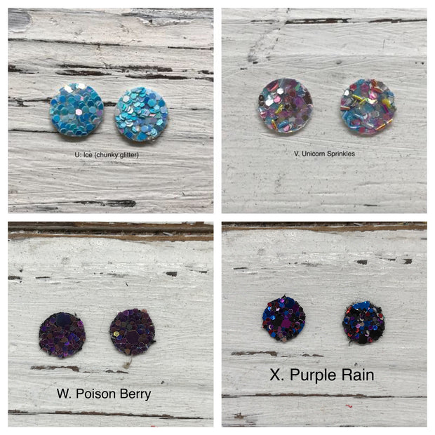 Poppy- 3 PACK (Choose your colors) - Glitter Stud Earrings SHOWN: CC: CHUNKY GREEN, AA: CHRISTMAS, BB: CHUNKY RED