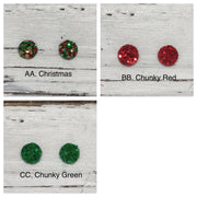Poppy- 3 PACK (Choose your colors) - Glitter Stud Earrings SHOWN: CC: CHUNKY GREEN, AA: CHRISTMAS, BB: CHUNKY RED