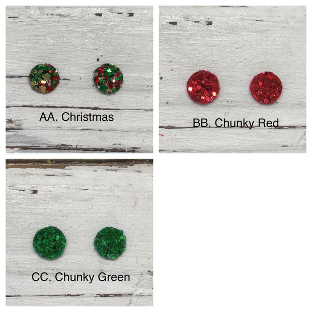 Poppy- 3 PACK (Choose your colors) - Glitter Stud Earrings SHOWN: CC: CHUNKY GREEN, AA: CHRISTMAS, BB: CHUNKY RED