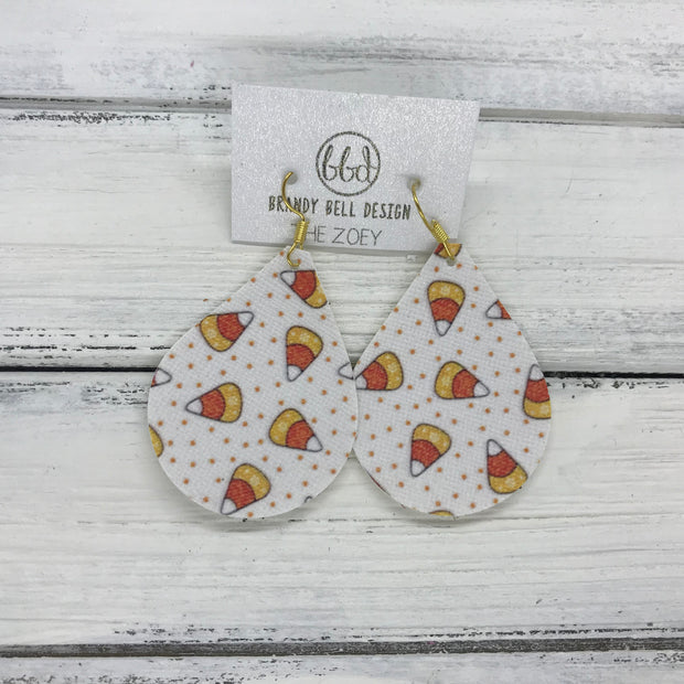 ZOEY (3 sizes available!) -  Leather Earrings  ||  CANDY CORN PATTERN (FAUX LEATHER)