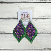 EVE -  Leather Earrings  ||  <BR> IRIDESCENT PURPLE GLITTER (FAUX LEATHER) <BR> METALLIC GREEN PEBBLED