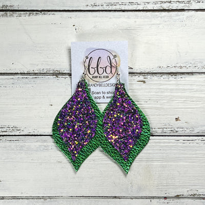 EVE -  Leather Earrings  ||  <BR> IRIDESCENT PURPLE GLITTER (FAUX LEATHER) <BR> METALLIC GREEN PEBBLED