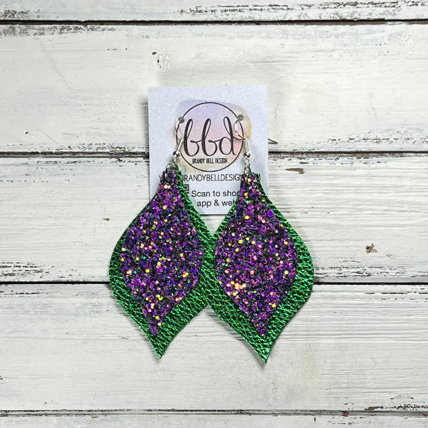 EVE -  Leather Earrings  ||  <BR> IRIDESCENT PURPLE GLITTER (FAUX LEATHER) <BR> METALLIC GREEN PEBBLED