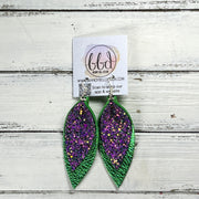 ALLIE -  Leather Earrings  ||  <BR> IRIDESCENT PURPLE GLITTER (FAUX LEATHER) <BR> METALLIC GREEN PEBBLED