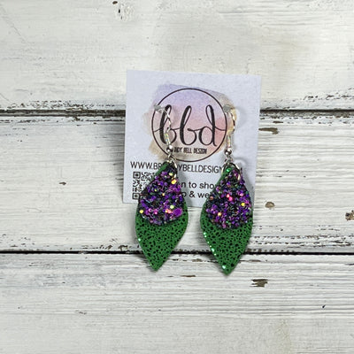 JEAN -  Leather Earrings  ||  <BR> IRIDESCENT PURPLE GLITTER (FAUX LEATHER) <BR> SPARKLE METALLIC GREEN