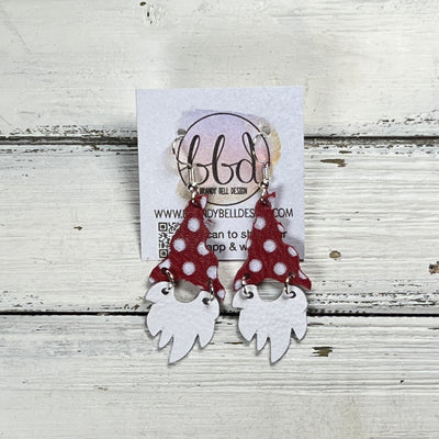 GNOME -  Leather Earrings  ||   <BR> RED & WHITE POLKADOTS, <BR> MATTE WHITE