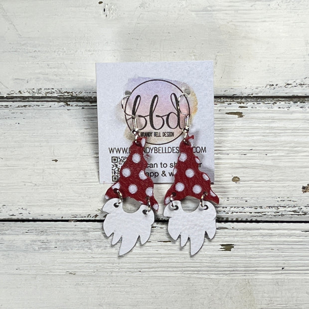GNOME -  Leather Earrings  ||   <BR> RED & WHITE POLKADOTS, <BR> MATTE WHITE