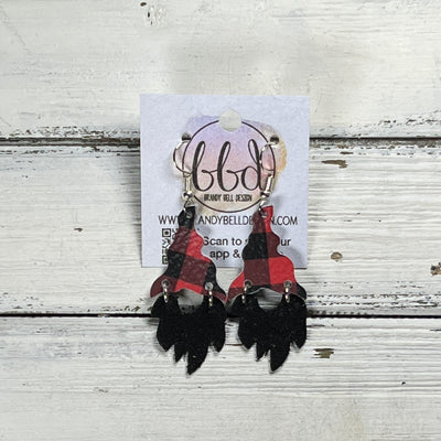 GNOME -  Leather Earrings  ||   <BR> RED & BLACK PLAID, <BR> SHIMMER BLACK