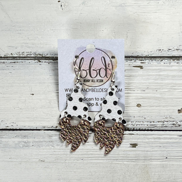 GNOME -  Leather Earrings  ||   <BR> BLACK & WHITE POLKADOTS, <BR> METALLIC ROSE GOLD PEBBLED