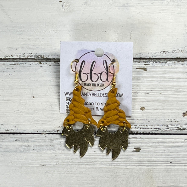 GNOME -  Leather Earrings  ||   <BR> MUSTARD BRAID, <BR> METALLIC GOLD SMOOTH