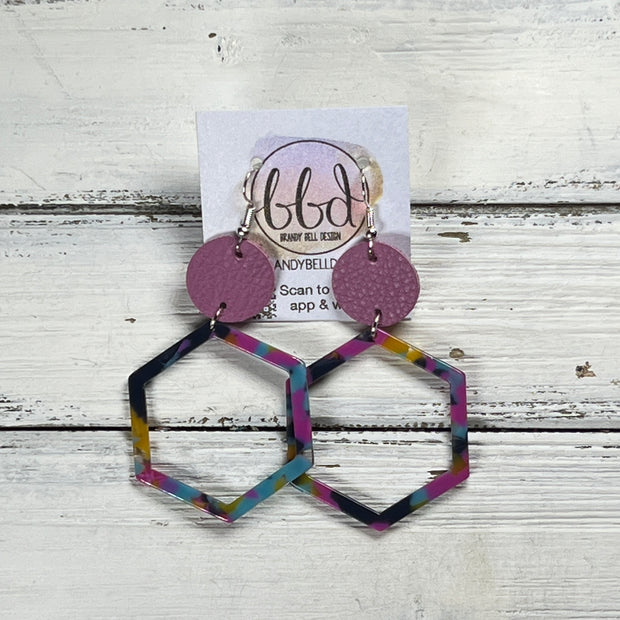 ACRYLIC & LEATHER *OOAK (ONE OF A KIND)* - Leather Earrings  ||    <BR> MATTE MAUVE, <BR>  ACRYLIC HEXAGON