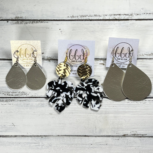 ACRYLIC PALM COLLECTION: LARGE PALM-  Leather Earrings  ||  <BR>  MUDCLOTH PRINT, <BR> WHITE PALM LEAF