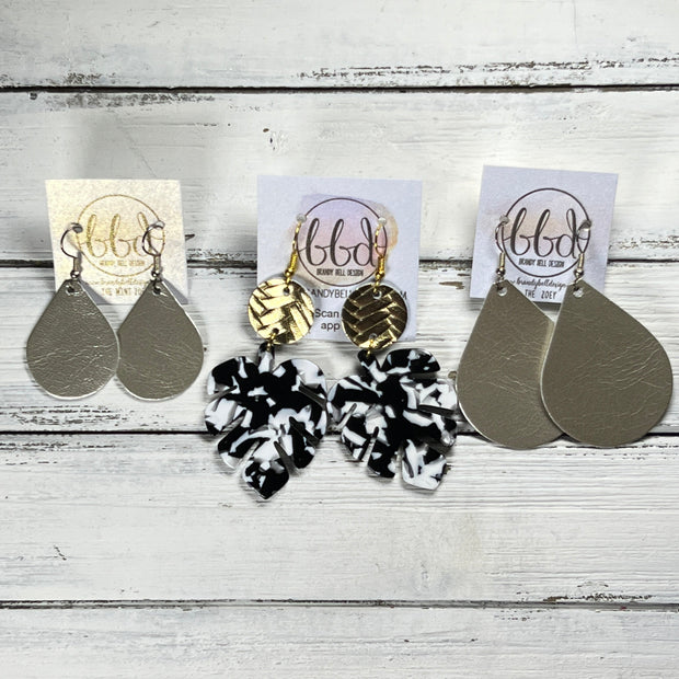 ACRYLIC PALM COLLECTION: LARGE PALM-  Leather Earrings  ||  <BR>  METALLIC CHAMPAGNE WESTERN FLORAL, <BR> WHITE PALM LEAF
