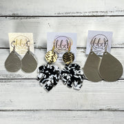 ACRYLIC PALM COLLECTION: LARGE PALM-  Leather Earrings  ||  <BR> BLACK & WHITE POLKADOTS, <BR> NAVY/AQUA PALM LEAF