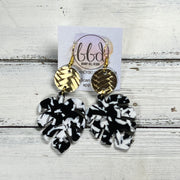 ACRYLIC PALM COLLECTION: LARGE PALM-  Leather Earrings  ||  <BR>  METALLIC GOLD BRAID, <BR> BLACK & WHITE PALM LEAF