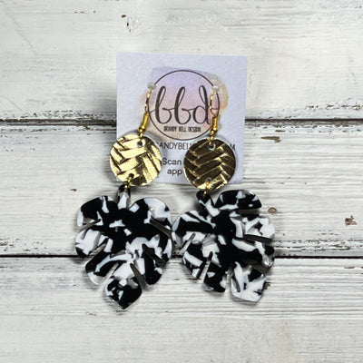 ACRYLIC PALM COLLECTION: LARGE PALM-  Leather Earrings  ||  <BR>  METALLIC GOLD BRAID, <BR> BLACK & WHITE PALM LEAF