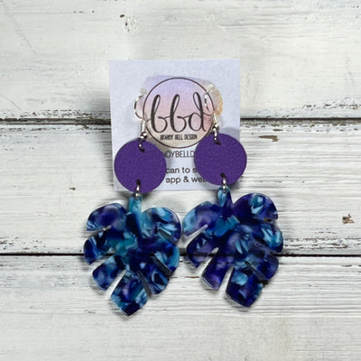 ACRYLIC PALM COLLECTION: LARGE PALM-  Leather Earrings  ||  <BR>  MATTE PURPLE, <BR> PURPLE/TEAL PALM LEAF