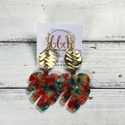 ACRYLIC PALM COLLECTION: LARGE PALM-  Leather Earrings  ||  <BR>  METALLIC GOLD BRAID, <BR> RED/GREEN PALM LEAF