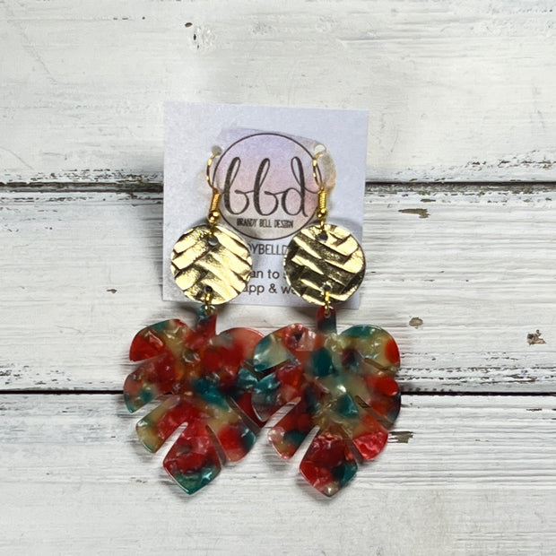 ACRYLIC PALM COLLECTION: LARGE PALM-  Leather Earrings  ||  <BR>  METALLIC GOLD BRAID, <BR> RED/GREEN PALM LEAF