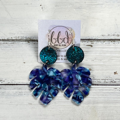 ACRYLIC PALM COLLECTION: LARGE PALM-  Leather Earrings  ||  <BR>  SHIMMER TEAL, <BR> PURPLE/TEAL PALM LEAF