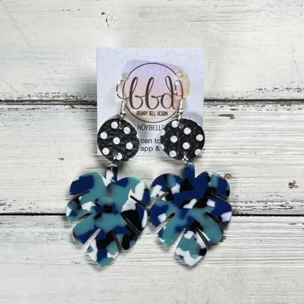 ACRYLIC PALM COLLECTION: LARGE PALM-  Leather Earrings  ||  <BR> BLACK & WHITE POLKADOTS, <BR> NAVY/AQUA PALM LEAF
