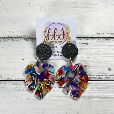 ACRYLIC PALM COLLECTION: LARGE PALM-  Leather Earrings  ||  <BR>  MATTE BLACK, <BR> MULTICOLOR PALM LEAF