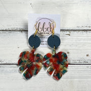 ACRYLIC PALM COLLECTION: LARGE PALM-  Leather Earrings  ||  <BR>  MATTE DARK TEAL, <BR> RED/GREEN PALM LEAF