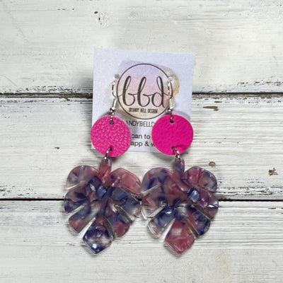 ACRYLIC PALM COLLECTION: LARGE PALM-  Leather Earrings  ||  <BR>  MATTE NEON PINK, <BR> PINK/PURPLE PALM LEAF