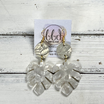 ACRYLIC PALM COLLECTION: LARGE PALM-  Leather Earrings  ||  <BR>  METALLIC CHAMPAGNE WESTERN FLORAL, <BR> WHITE PALM LEAF