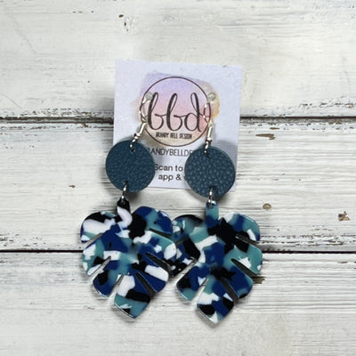 ACRYLIC PALM COLLECTION: LARGE PALM-  Leather Earrings  ||  <BR> MATTE DARK TEAL, <BR> NAVY/AQUA PALM LEAF