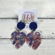 ACRYLIC PALM COLLECTION: LARGE PALM-  Leather Earrings  ||  <BR>  COBALT BRAID, <BR> PINK/PURPLE PALM LEAF