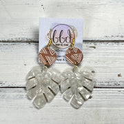 ACRYLIC PALM COLLECTION: LARGE PALM-  Leather Earrings  ||  <BR>  MUDCLOTH PRINT, <BR> WHITE PALM LEAF