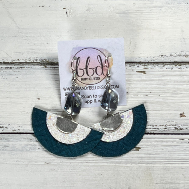 SUEDE + STEEL *OOAK* COLLECTION || Leather Earrings || <BR> IRIDESCENT WHITE GLITTER (FAUX LEATHER), <BR> DARK TEAL BRAID