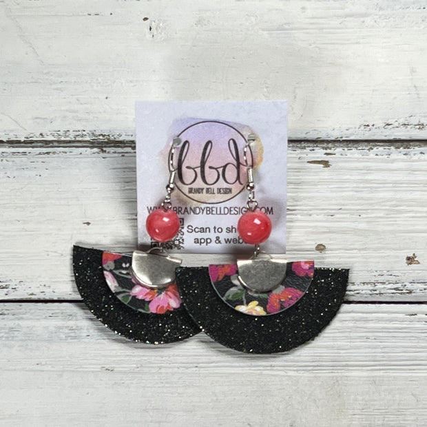 SUEDE + STEEL *OOAK* COLLECTION || Leather Earrings || <BR> PINK & BLACK FLORAL, <BR> SHIMMER BLACK