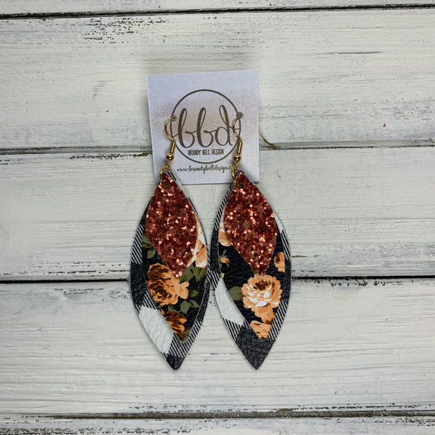 DOROTHY - Leather Earrings  ||  <BR> RUST GLITTER (FAUX LEATHER),  <BR> PEACH FLORAL ON BLACK (FAUX LEATHER),  <BR> BLACK & WHITE BUFFALO PLAID